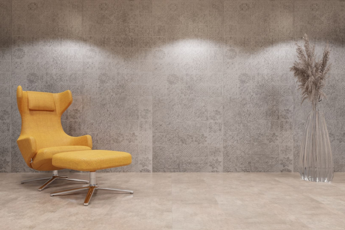 xStone mineralwand flexroll concrete grey mandala Raumfoto