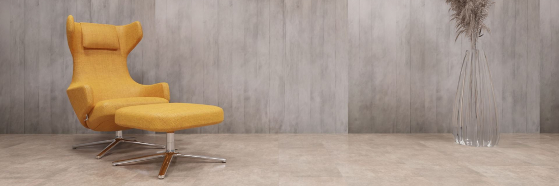 xStone mineralwand flexroll concrete grey wooden Raumfoto